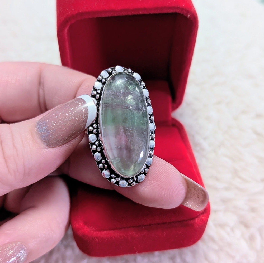 Vintage Handmade Rainbow 🌈 Fluorite Sterling Silver Teardrop Ring 9